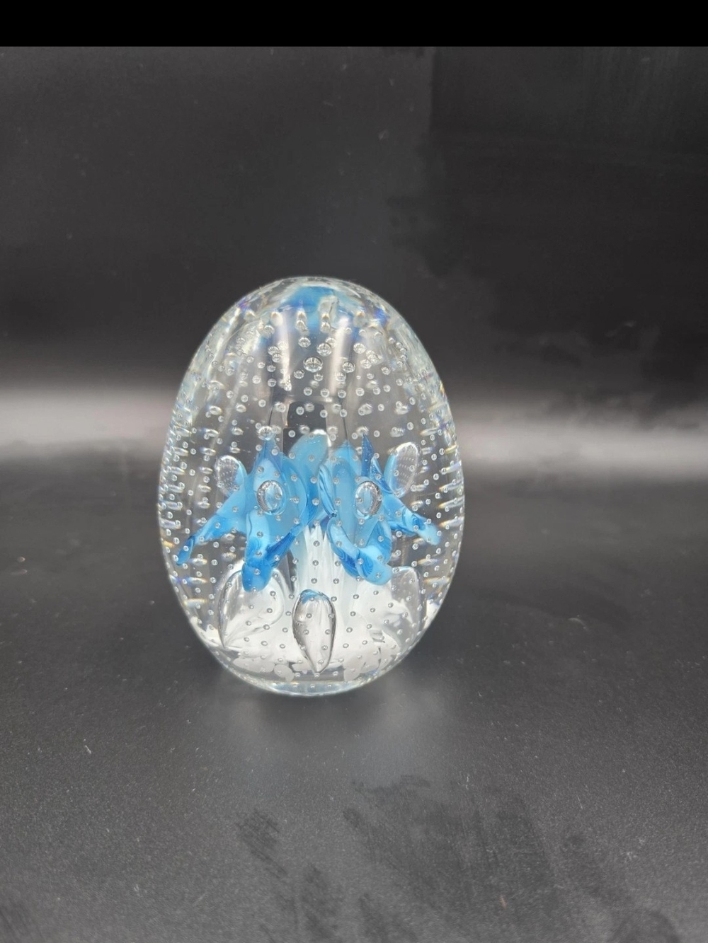 Gibson Clear Glass Egg Paperweight with Blue Floral Core